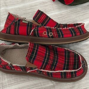 Sanuk Red and Black Plaid Slip-Ons
